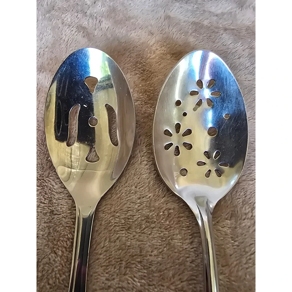 Vintage EKCO Stainless USA Slotted Serving Spoons Set Floral Geometric Silver